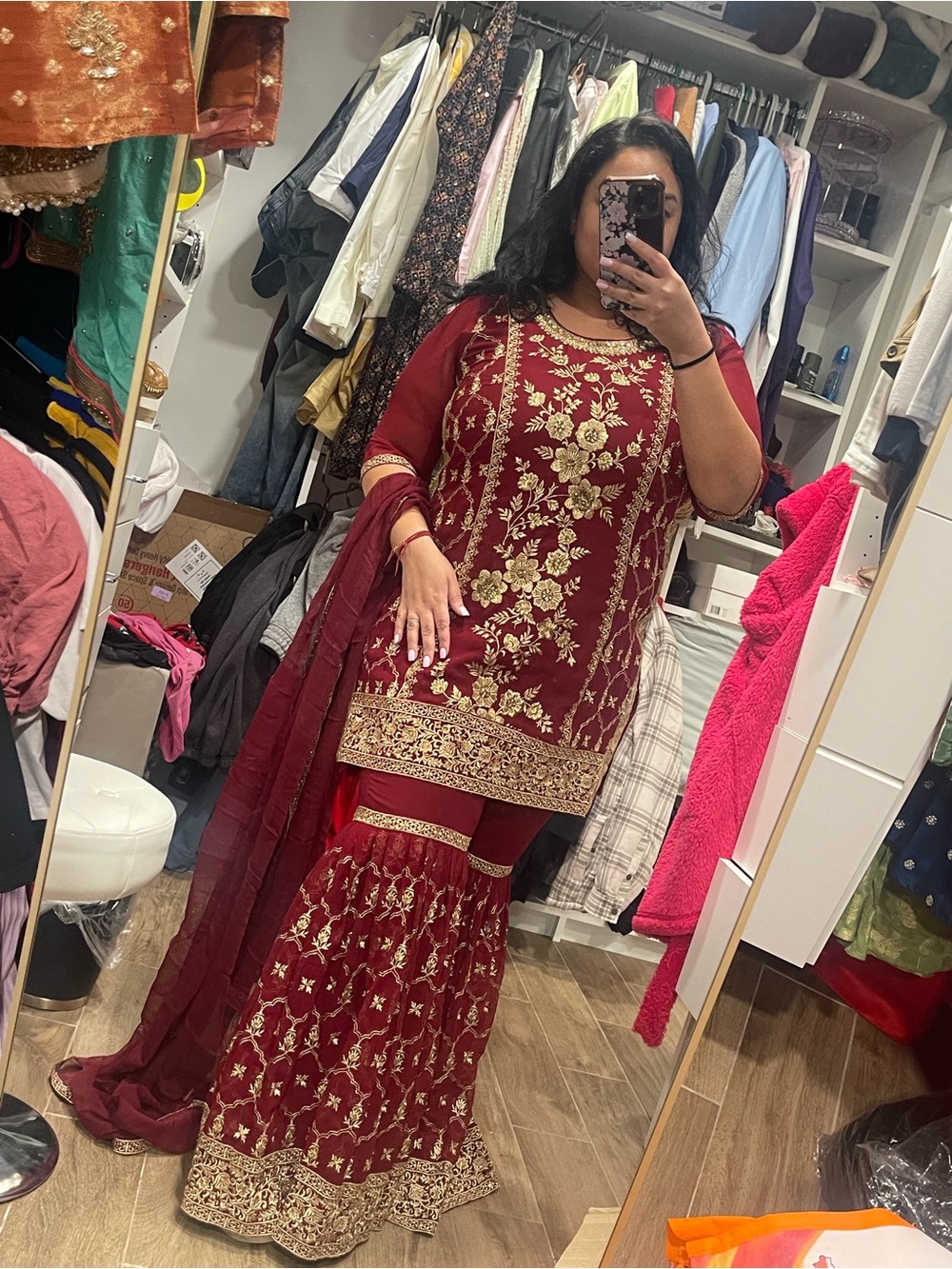 Embroidered Maroon & Gold Pakistani Sharara Set - Picture 2 of 2